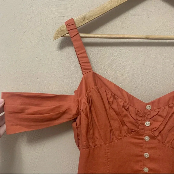 Anthropologie Off-The-Shoulder Linen Mini Dress Size Medium - Picture 7 of 16